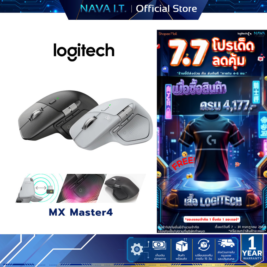 Logitech MX Master 4 Wireless Mouse Graphite,Pale Gray เมาส์บลูทูธไร้สาย ออกแบบให้เหมาะกับสรีระ ชาร์จด้วย USB C