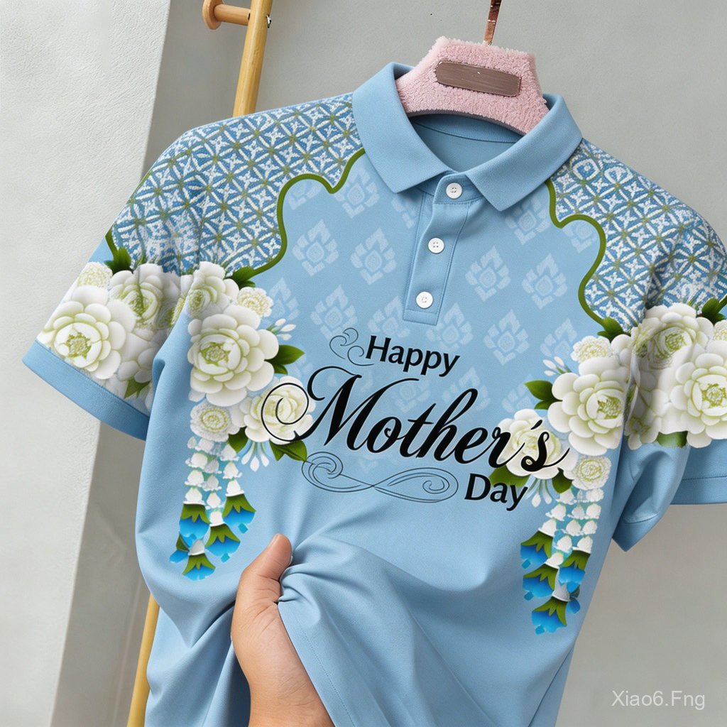 เสื้อโปโลพิมพ์ลายดอกไม้สีฟ้าสําหรับผู้หญิงที่สวยงามและง่ายต่อการสวมใส่ของขวัญวันแม่สีฟ้าดอกไม้พิมพ์คอลเลกชัน