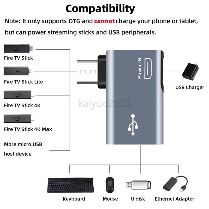 KAIYUE Pro เกรด 2 ชิ้นอะแดปเตอร์ OTG สําหรับ Fire TV Stick 90 องศามุมขวา Micro-USB ถึง USB OTG อะแดป