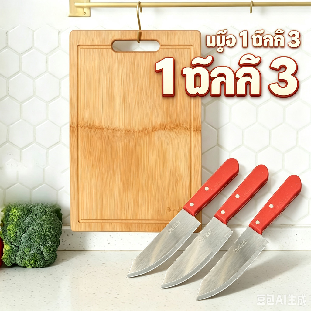 ซื้อ 1 แถม 3 เขียงไม้ไผ่ เขียงครัว เขียงไม้เนื้อแข็ง มีหลายขนาด พร้อมจัดส่ง เติมแผ่นตักอาหารพร้อมมีดเล็ก 3 เรียว