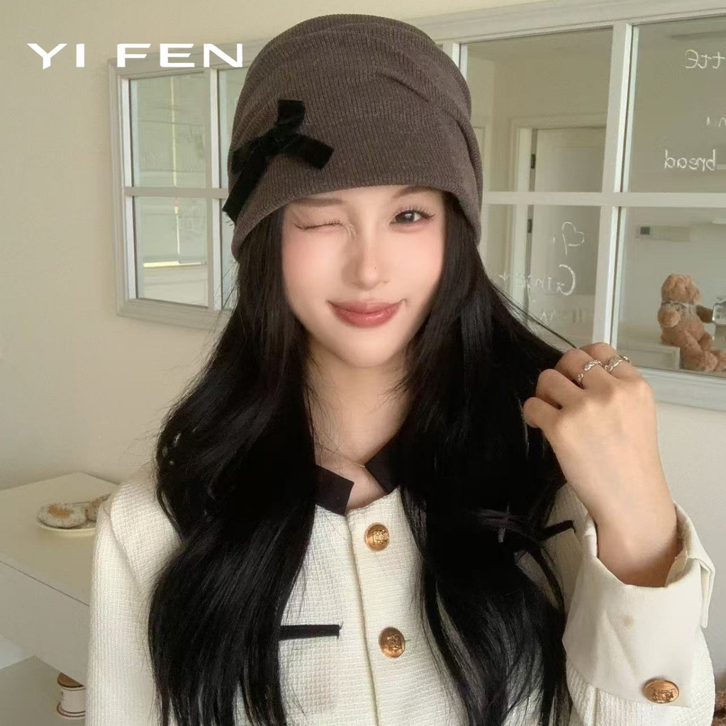 YIFEN สไตล์เกาหลี Bowknot Pile หมวกผู้หญิงฤดูใบไม้ร่วงฤดูหนาวขนาดเล็ก Elegant Bucket Classy อ่างล้างหน้าหมวก