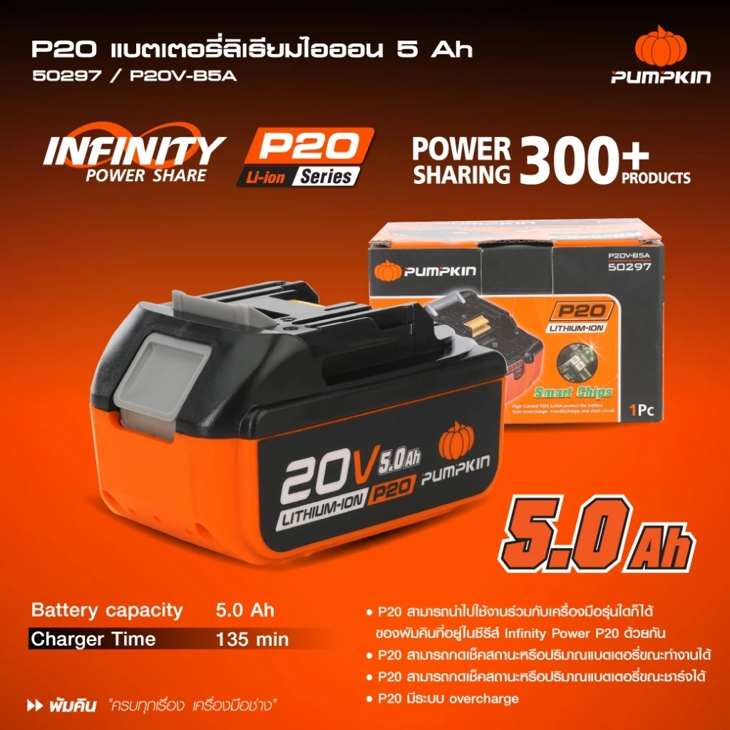 PUMPKIN อะไหล่ แบตเตอรี่ 20V x20 ขนาด 2.0Ah 42325 ขนาด 4Ah 42333 5Ah 50297 แท่นชาร์จ 42326 แบต แท่นชาร์จแ