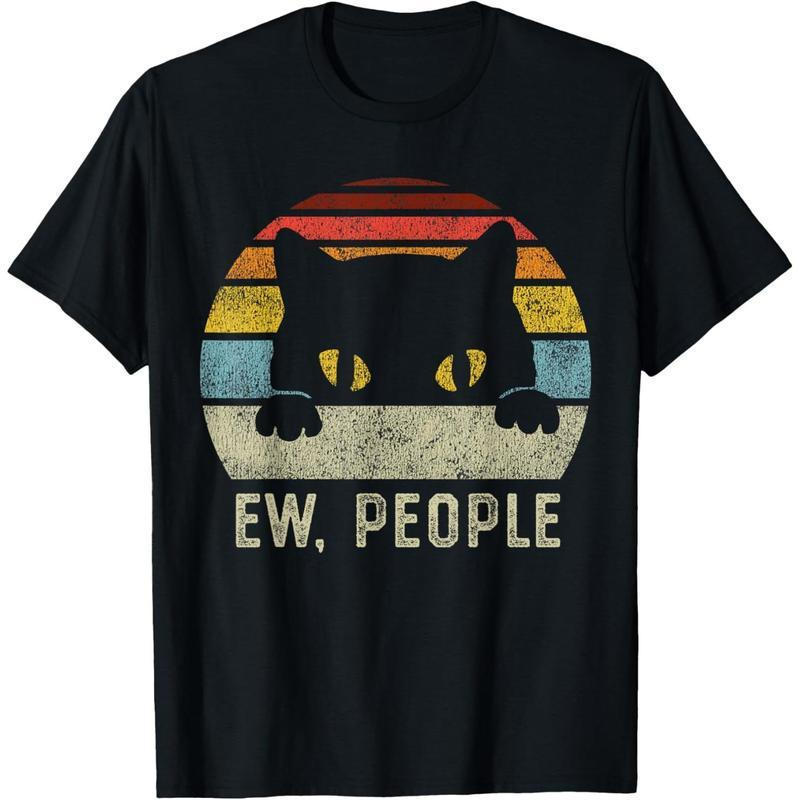 ทีเชิ้ตกราฟิก Ew People Retro Cat Funny Vintage Anti Social Introvert