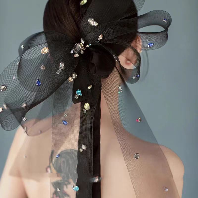 Mori Series สีดํายืดสุทธิ Juan เส้นด้าย Diamond-Studded Bow กิ๊บติดผม Headdress Super Fairy บรรยากาศ