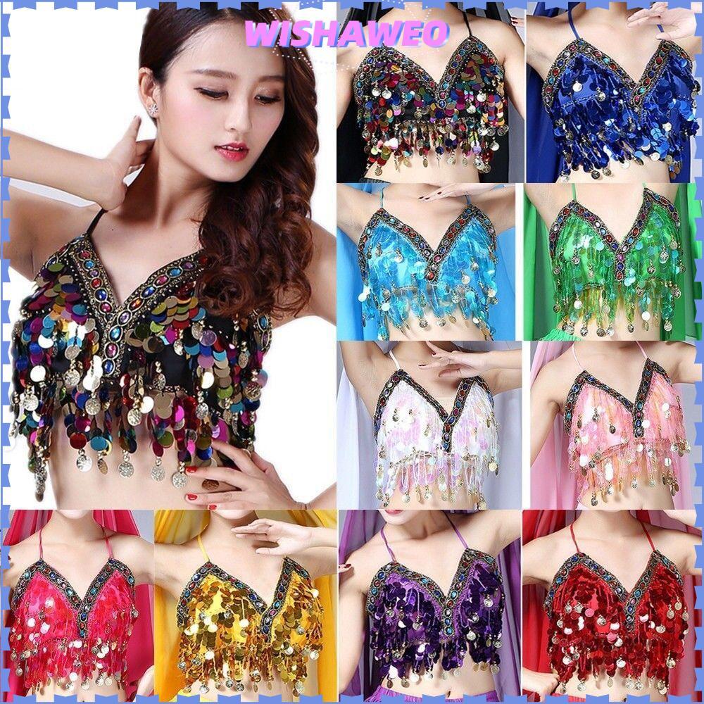 WISHAWEO Performance Top สําหรับประเทศไทย/อินเดีย/อาหรับพู่เลื่อม Stage Halter Bra
