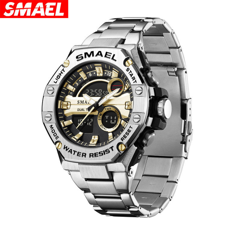 ใหม่ SMAEL SMAEL Alloy Steel Band Dual Display นาฬิกาอิเล็กทรอนิกส์ผู้ชายนาฬิกาปลุกกันน้ํา Multi-Fun