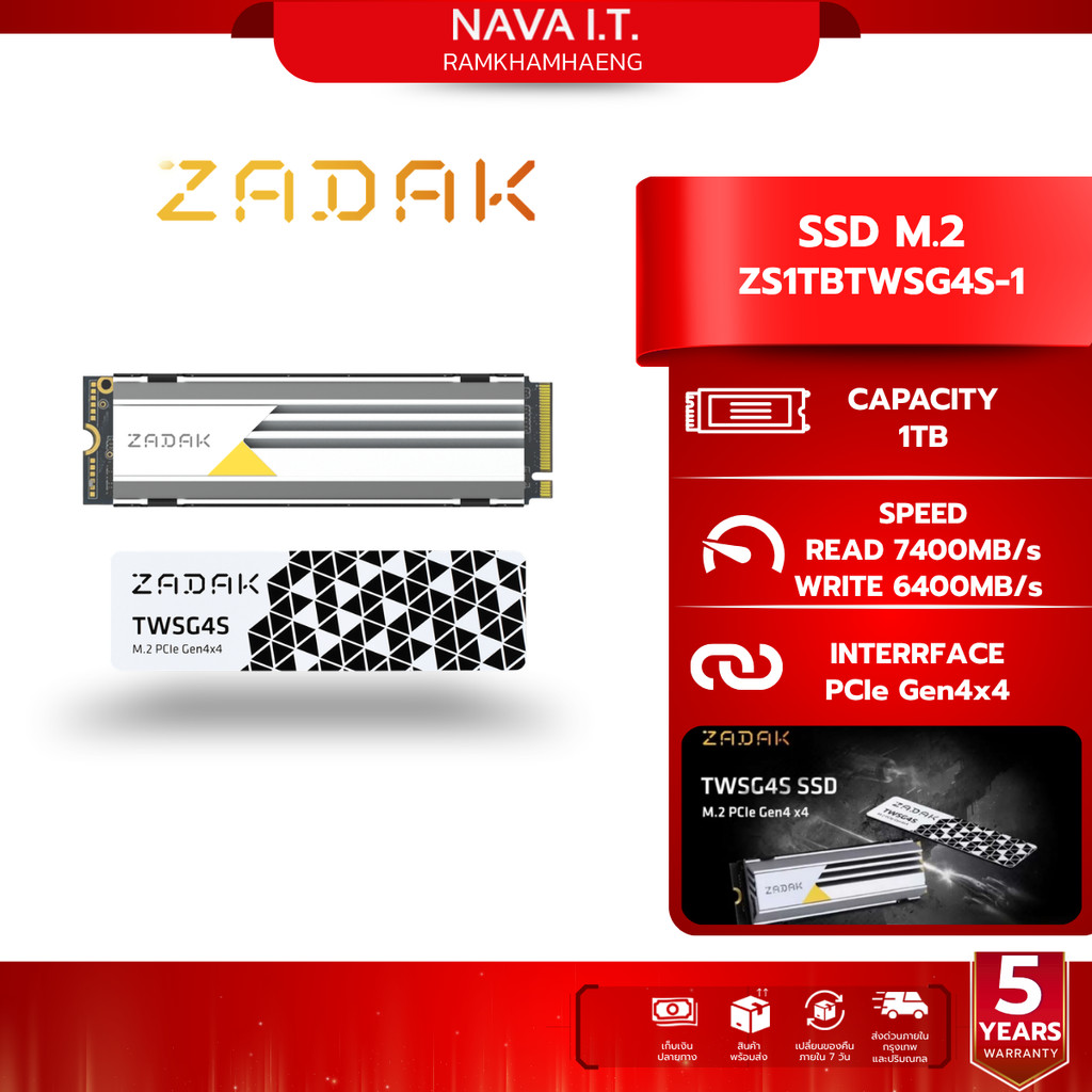 ZADAK SSD M.2 (เอสเอสดี) TWSG4S 1TB PCIe Gen4x4 NVMe 1.4 7,400/6,400 MB/s ZS1TBTWSG4S-1 WARRANTY 5 Y