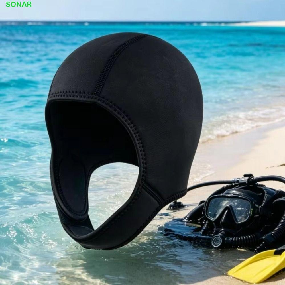 SONAR Diving Hood, หมวกว่ายน้ํากันน้ํา Neoprene, สีดําพร้อมสายรัดคางชุดยืด Hood Surf หมวกดําน้ํา Kit