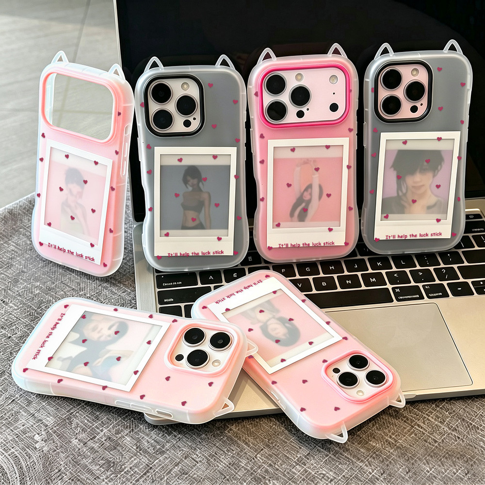 💖 เคสเจลลี่ 2-in-1 เคสไอโฟน iPhone 11 13 15 14 12 16 17 Pro Max Love ดีไซน์แมว 3 มิติ กันกระแทก พร้อ