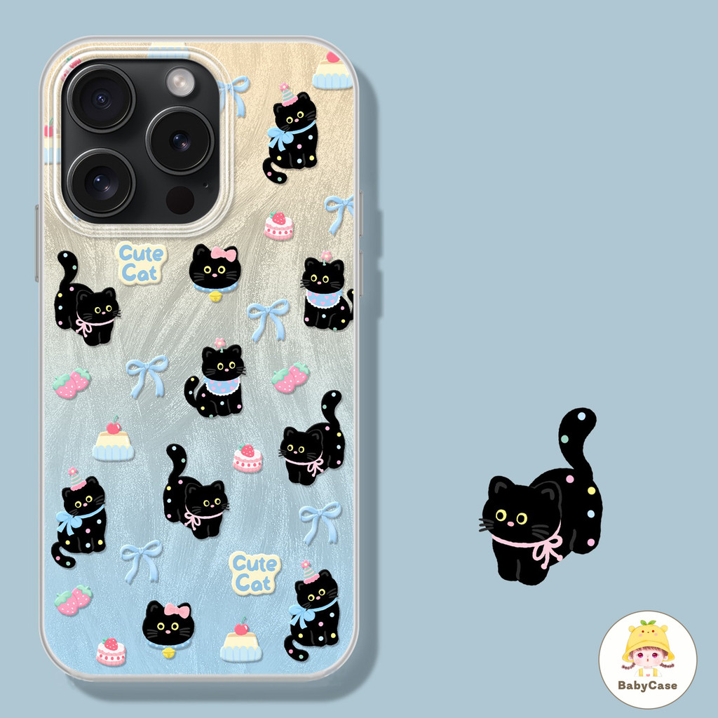 เคสใสแมวดำลายเค้กโบว์ รองรับ IPhone 17 14 16 15 13 12 11 Pro Max X XR XS Max 16 7 15 8 Plus Air 16 12 Pro TPU