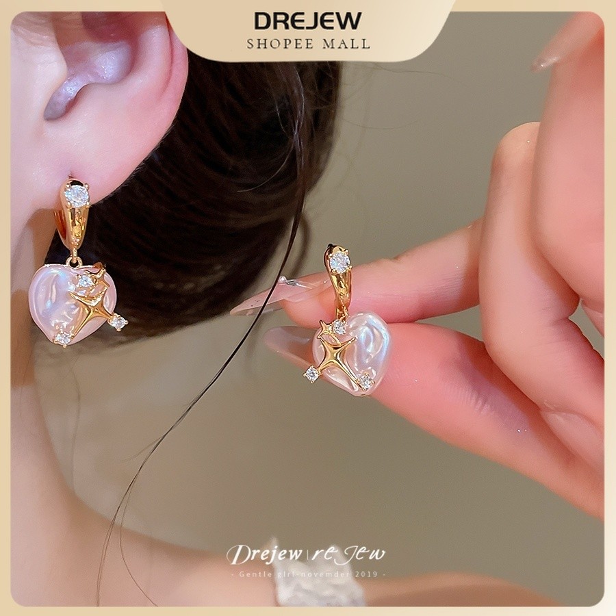DREJEW حلق قلب متدلٍّ بنجوم ولؤلؤ صناعي وزركون — ذهبي