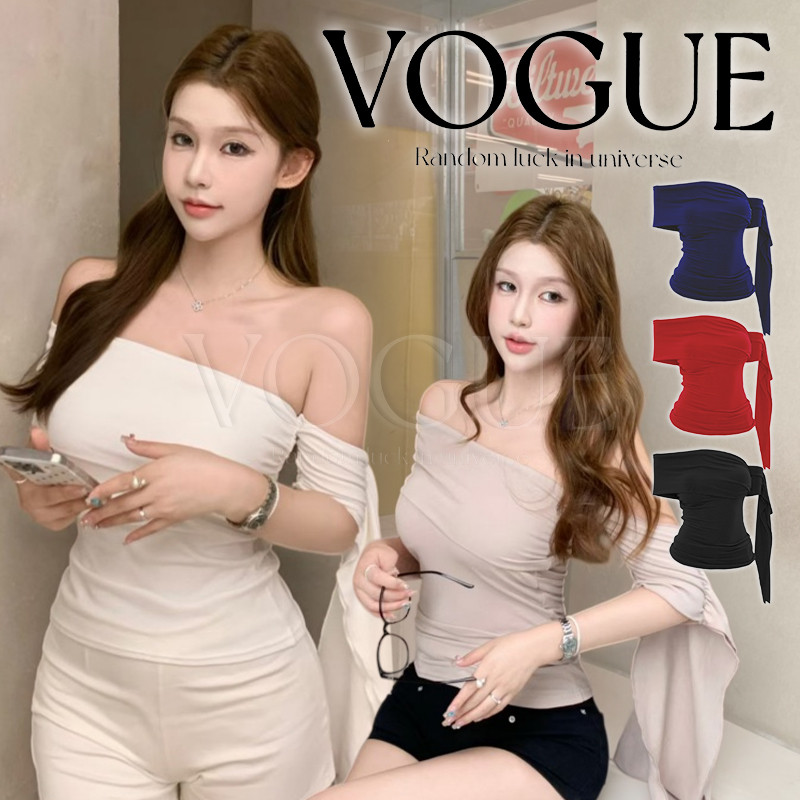 Vogue🌟พร้อมส่ง🌟 เสื้อปาดไหล่ดีไซน์เรียบง่ายสำหรับผู้หญืง เสริมฟองน้ำทรงสวยโชว์หล้ง  (FY2964)