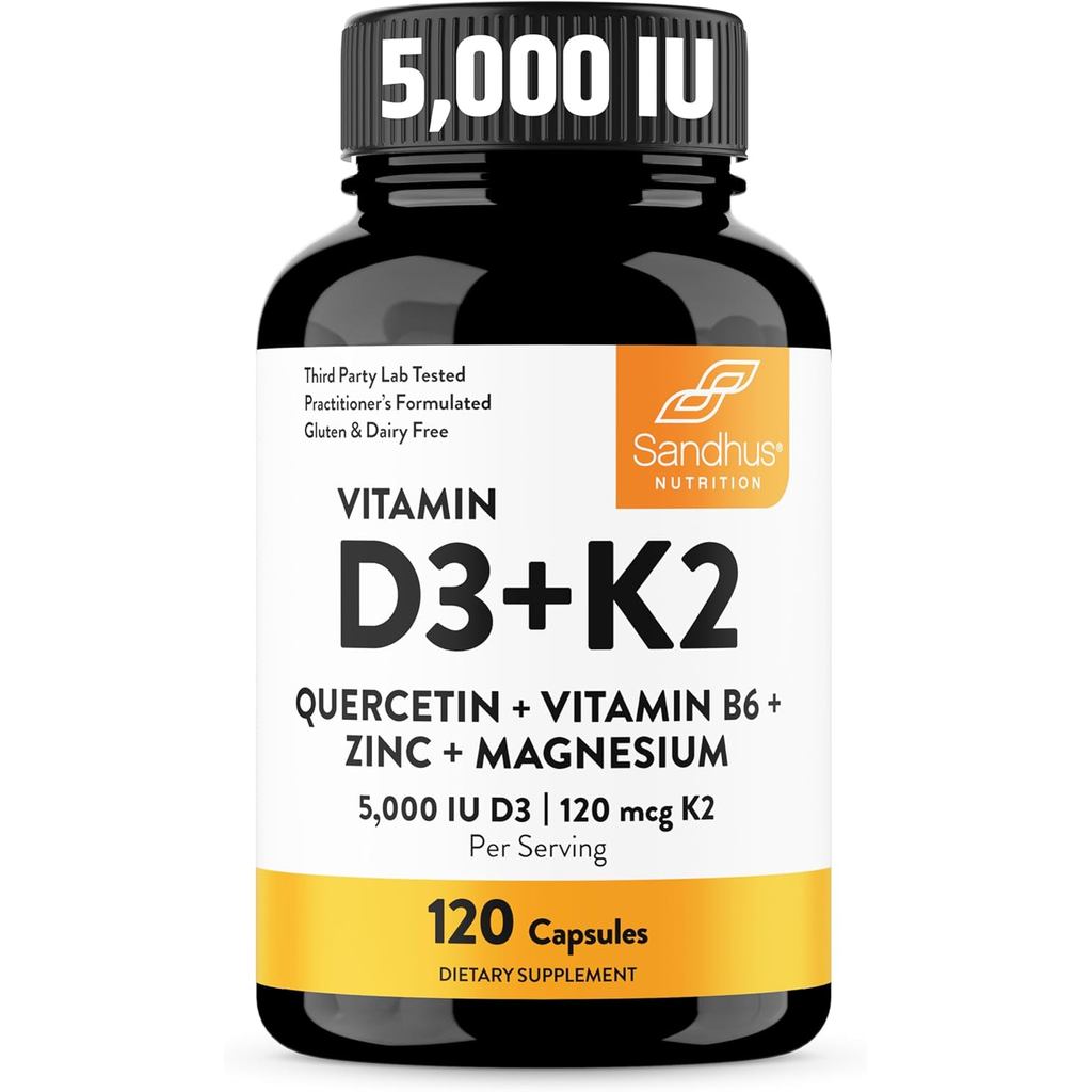 วิตามินของ Sandhu D3 K2 Magnesium 5000 IU, 120mg K2 apsules 120 ount (ปาก 1) | พร้อม VIT B6, Zin & Q