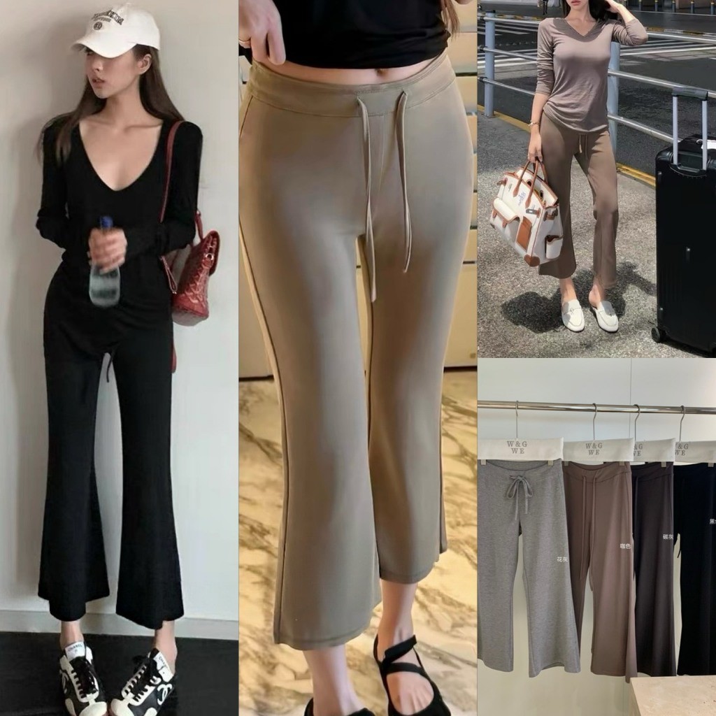 ❤ 🧵 🇰🇷 W10337 กางเกงขายาวผ้ายืดทรงขากว้างปลายบาน เอวยางยืดผูกเชือก ผ้ายืดนิ่ม แฟชั่นเกาหลี TAG WG.WE ✈