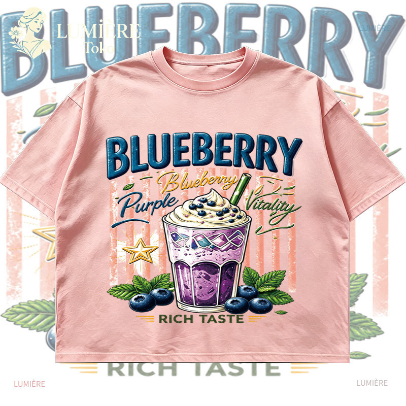 ร้านลูมิÈRE|Womens Boxy Oversize Short Sleeve สบาย Blueberry Drink Motif Casual Top 2026