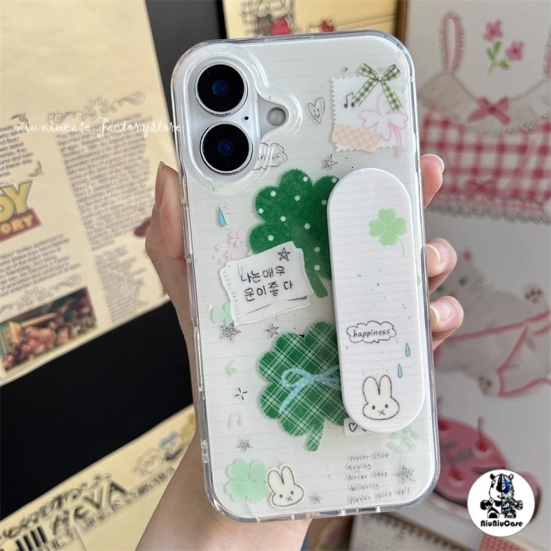 สไตล์เกาหลี กระต่ายน้อยใบโคลเวอร์สี่แฉก ขาตั้ง For iPhone 17 16 15 14 13 12 11 pro max เคสโทรศัพท์ ปลอกกันกระแทกน่ารัก