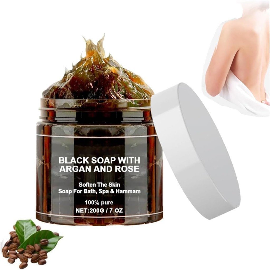 Morocco Black Beldi Soap with Argan Collar Rose - African Exfoliating Body Scrub Bar, Natural and co