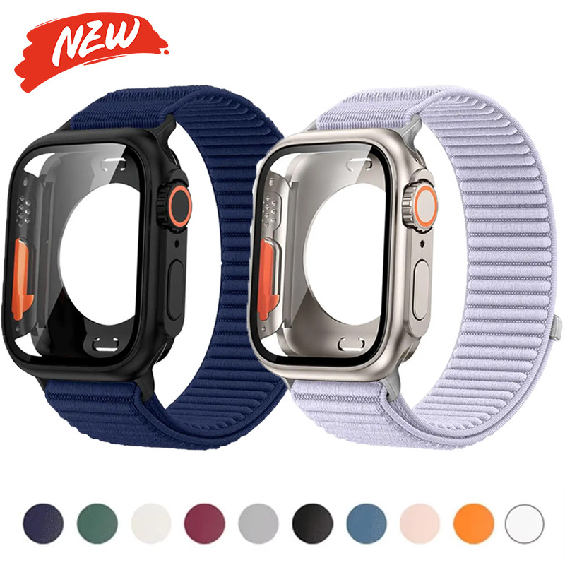 เคสกระจกนิรภัย+สายรัดเข้ากันได้กับ Apple Watch Apple Watch Series11/10 42 มม.46/9 8 7 6 SE3 45 มม.44/41/40/Ultra3/2/1 49 มม.