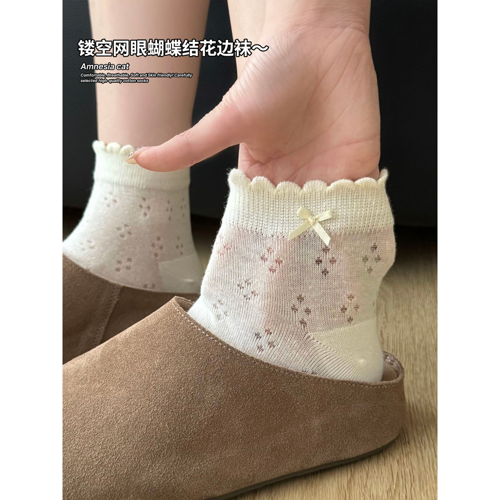 Milk White Mesh Socks Women Summer Lace Mid-Tube Socks Ballet Style Bow Women Thin miu Cotton Socks