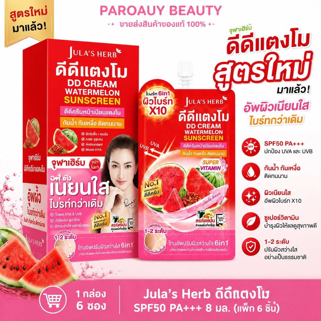 (1กล่อง6ซอง) ดีดีแตงโม / จุฬาเฮริบ์ SPF50 PA+++ UVA และ UVB Jula's Herb (แพ็ก 6 ชิ้น)