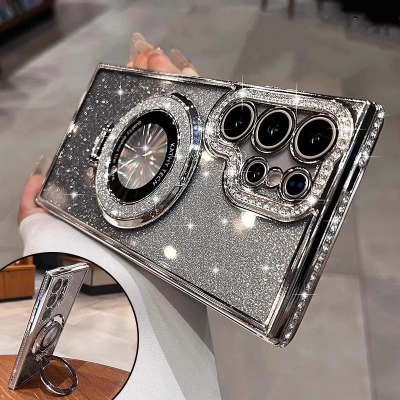 สําหรับ Samsung S26 Ultra S25 S24 Ultra S23 Ultra S22 Plus กรณี Glitter เพชรขาตั้งแม่เหล็กกันกระแทกหรูหราฝาครอบพร้อมสต็อก