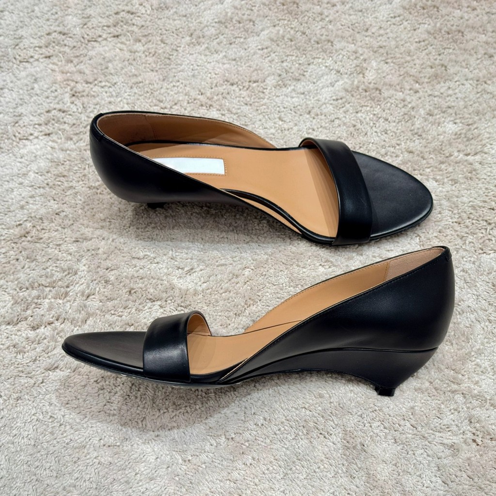 รุ่นหนังวัว~French Simple One-word Strap Wedge Heel Fashion Classy All-Match Heel Open-Toe Sandals Women