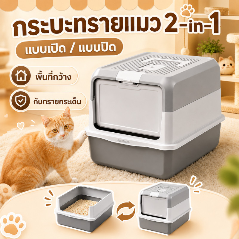 ห้องน้ำแมวใหญ่ 2-in-1 กระบะทรายแมวแบบเปิด/ปิด ขนาด 48 ซม. กันทรายกระเด็น ถอดล้างง่าย สำหรับแมวตัวใหญ่