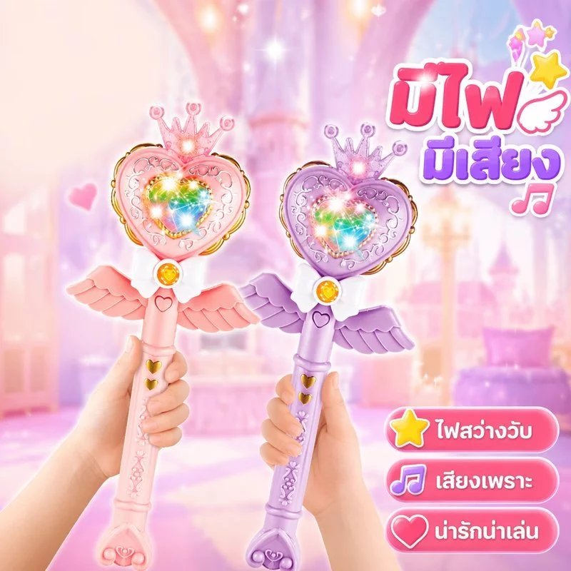 ของเล่นไม้คฑาเจ้าหญิง โปรเจคเตอร์ฉายดาว ไฟเสียงเพลง ใช้ถ่าน AA ชุดบทบาทสมมติ พร้อมเครื่องประดับ