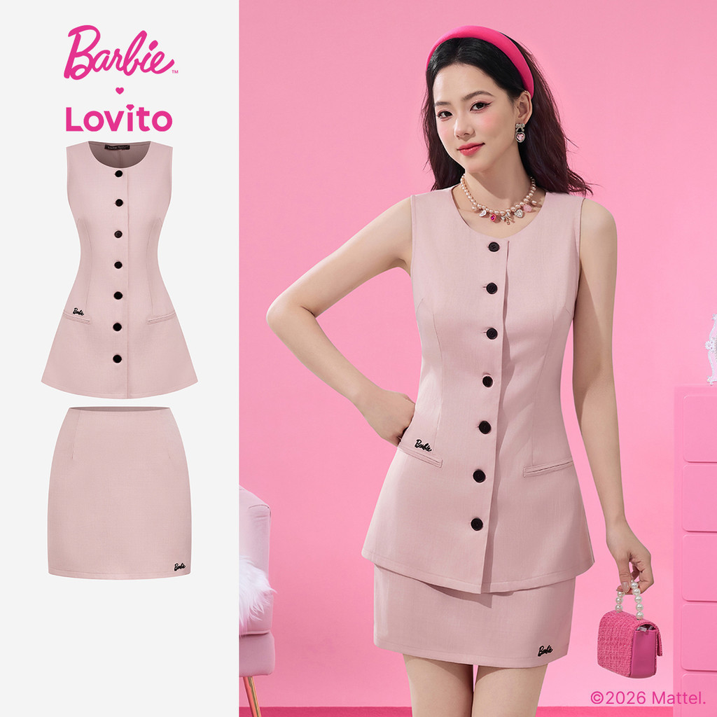 Barbie™ X Lovito เสื้อหรือกางเกงลำลองแขนกุดปักลายสำหรับใส่ทำงาน สีชมพู สำหรับฤดูใบไม้ผลิ/ฤดูร้อน สำหรับผู้หญิง เกาหลี อินเทรนด์ LB1AD037