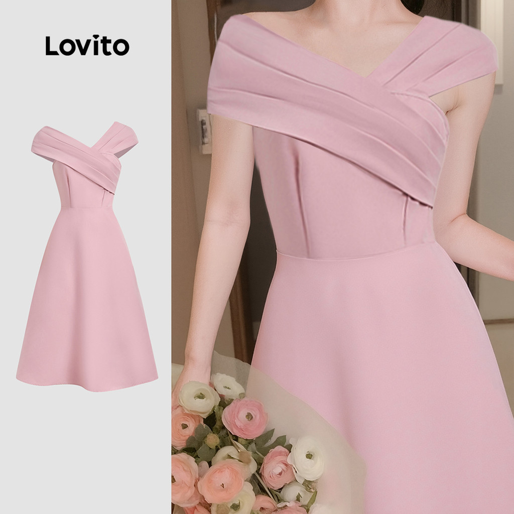 Lovito เดรสสวยหรู ทรงไม่สมมาตร ไหล่เดียว จีบระบาย สีชมพู สำหรับผู้หญิง เหมาะสำหรับฤดูใบไม้ผลิ/ฤดูร้อน L155ED217