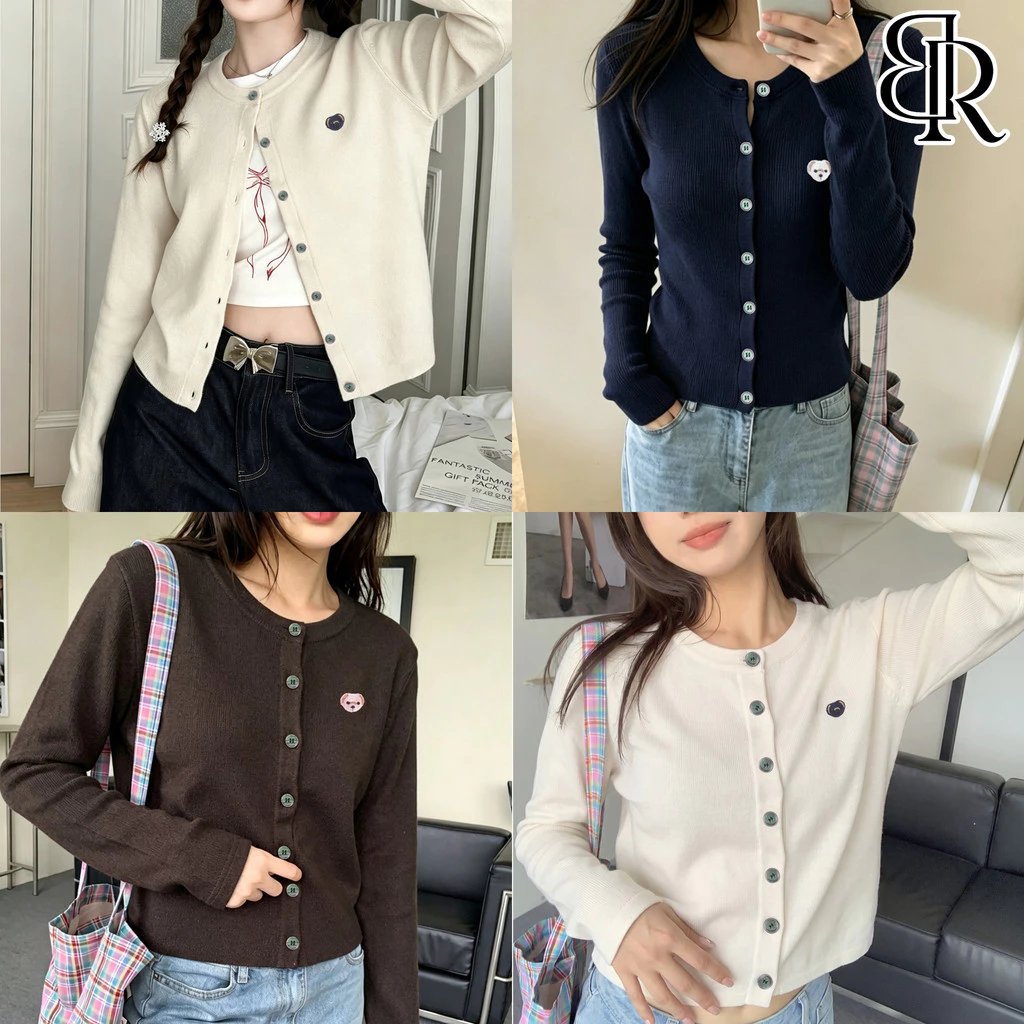 B&R พร้อมส่ง เสื้อคาร์ดิแกนถักผู้หญิง ทรงสั้น งานปักรูปหมี แจ็คเก็ตสไตล์เกาหลี ลดน้ำหนัก ขนาดM-2XL