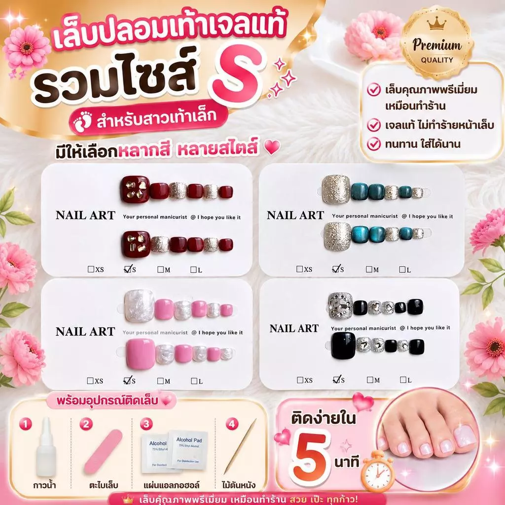 รวมไซส์ S เล็บปลอมเท้าสำเร็จรูป เจลแท้ พร้อมอุปกรณ์ติดครบชุด ลายสวย น่ารัก ลูกแก้ว Cat Eyes คริสตัล สีสด ติดทน เท้าปลอม