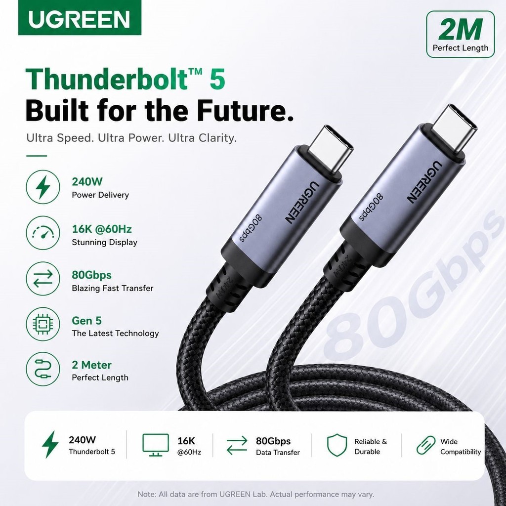 UGREEN 240W 80Gbps Thunderbolt 5 สาย 8K@60Hz 120Gbps สายชาร์จเร็ว E-Marker สาย USB C