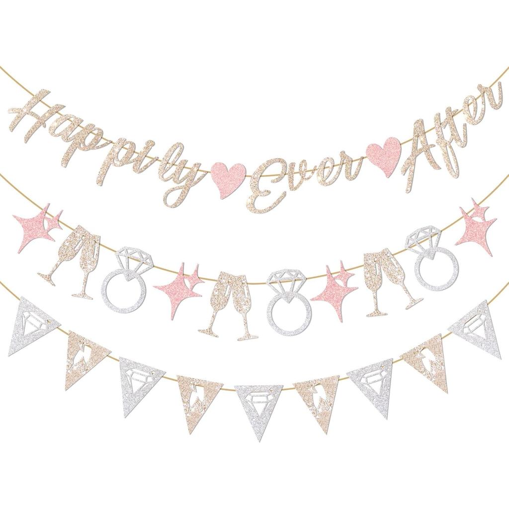 Hopecore Pre-Strungly Ever After Banner Set, Pink & Gold Glitter Wedding Bunting ตกแต่งแหวนเพชรและคั