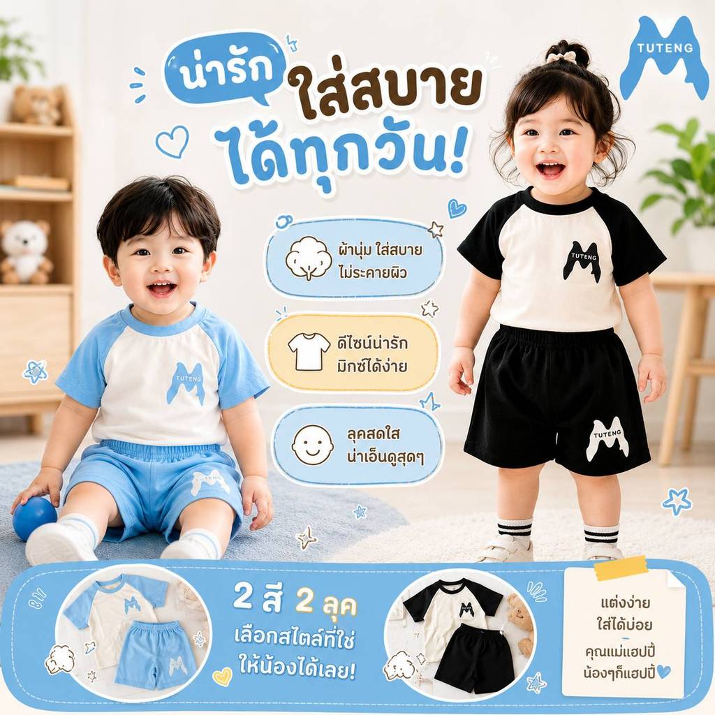 ชุดเซ็ตเสื้อแขนสั้น กางเกงขาสั้น เนื้อผ้าใส่สบาย พิมพ์ลายตัวM สําหรับเด็กเด็ก🎈🎈