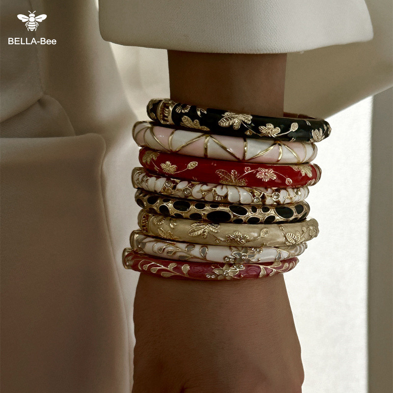 BELLA-Bee Elegant Enamel Flower Bracelet Set Bold Color Enamel Gold Bracelet Stack Women Classy Styl