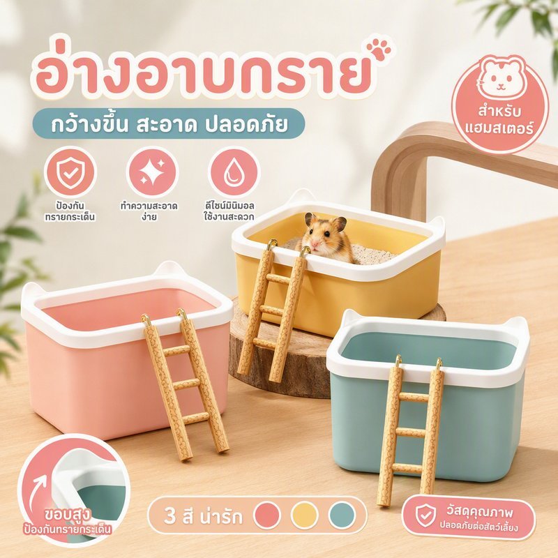 ห้องน้ำแฮมสเตอร์ กล่องอาบทราย กันทรายกระเด็น พื้นที่กว้าง บันไดไม้เนื้อแข็ง ล้างง่าย หลายสี