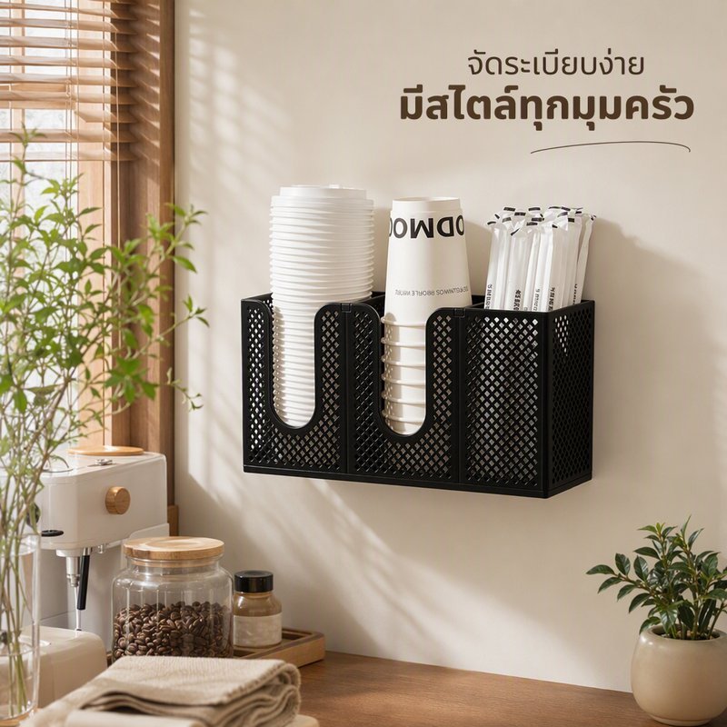 ที่วางแก้วกระดาษ ติดผนัง ไม่ต้องเจาะ 3 ช่อง ชั้นเก็บแก้วกาแฟ ฝาแก้ว หลอด ประหยัดพื้นที่