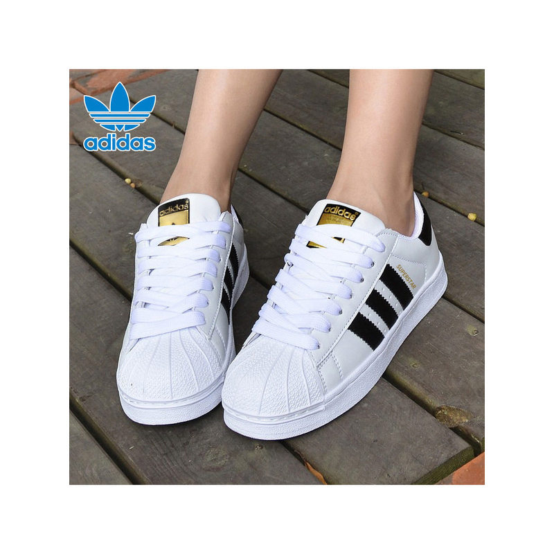 รองเท้าผ้าใบ Adidas Originals สำหรับผู้ชายและผู้หญิง, รองเท้าสีขาวป้ายทอง, รองเท้าลำลองหัวเปลือกหอย,