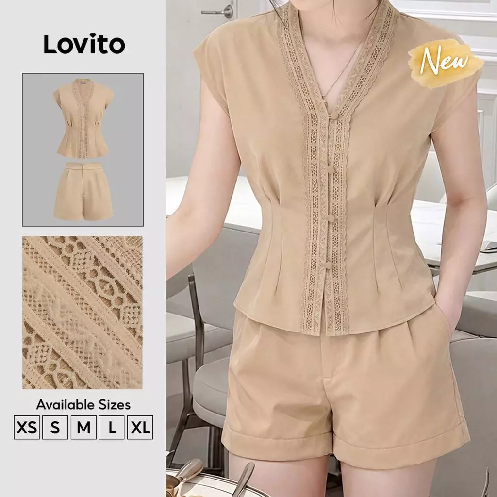 (New Arrival) Lovito ชุดกางเกงขาสั้นลําลองผู้หญิง ชุดกางเกงขาสั้นสีกากีแบบติดกระดุม สําหรับฤดูใบไม้ผลิ/ฤดูร้อน SHK8P1D536