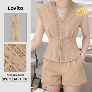 (New Arrival) Lovito ชุดกางเกงขาสั้นลําลองผู้หญิง ชุดกางเกงขาสั้นสีกากีแบบติดกระดุม สําหรับฤดูใบไม้ผลิ/ฤดูร้อน SHK8P1D536