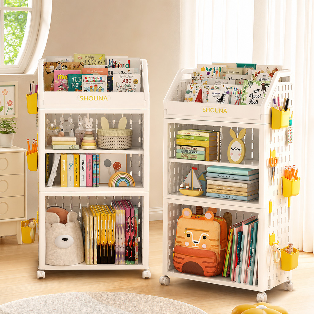 Tidyชั้นวางหนังสือพับได้ ชั้นวางหนังสือเด็ก พลาสติก มีล้อ หลายชั้น เคลื่อนย้ายง่าย ประหยัดพื้นที่ สำหรับห้องเด็ก ห้องนอน