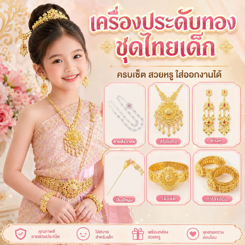 เครื่องประดับชุดไทย ครบเซต สีทอง สร้อยคอจี้อุบะพลอย สร้อยข้อมือ ต่างหู สายสังวาลย์ ปิ่นปักผมใบไม้ไหว รัดเกล้า