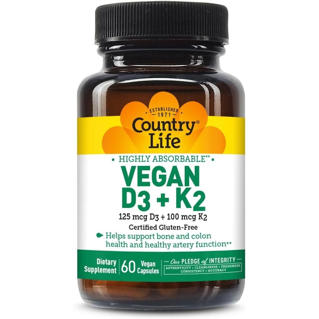 Country Life D3 + K2 MK4 และ MK7 60 แคปซูล | ให้ 5000 IU D3 และ 100 mcg K2 จาก MK4 และ MK7