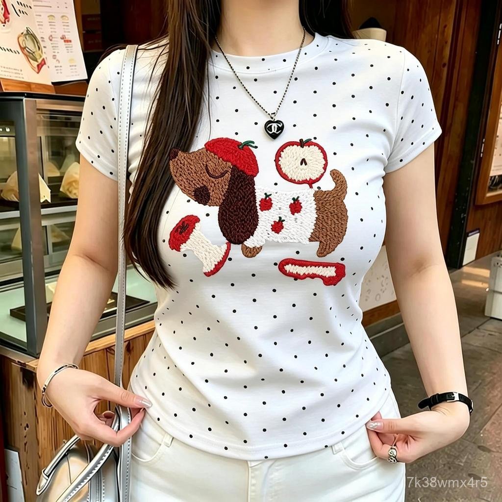 M-4XL ไหล่ผู้หญิง ลายจุด สไตล์เกาหลี ดีไซน์สุดคลาสสิก แขนสั้นเสื้อยืด สายรัด ฤดูร้อน ทุกโอกาส เกาหลี หญิง สาวฮอต ทุกวัน