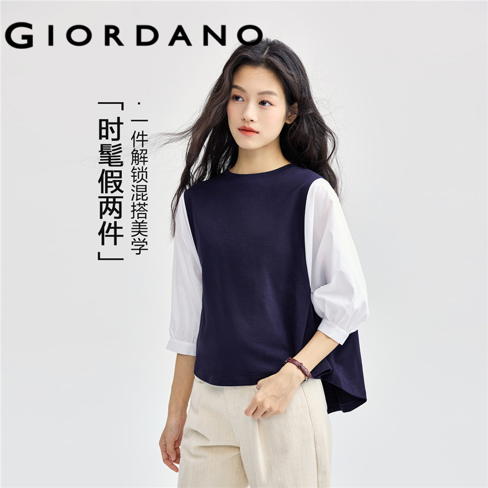 GIORDANO WOMEN Fake two-piece knit-woven mix tee 13326751