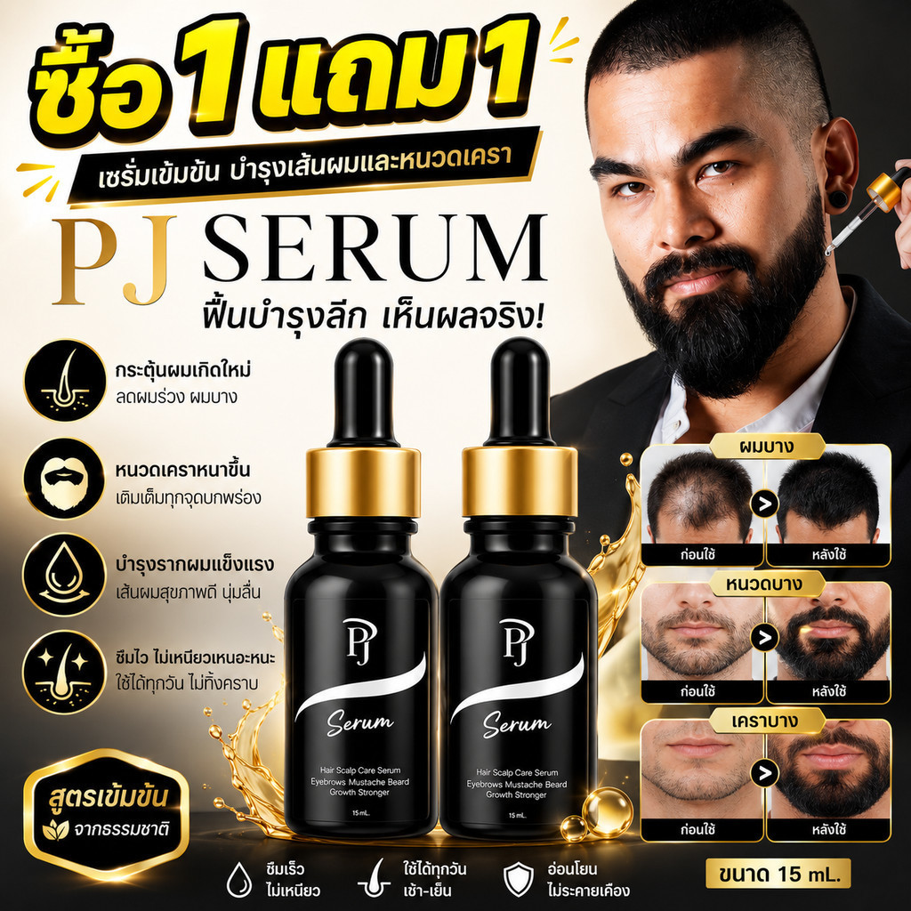 ซื้อ 1 แถม 1🔥PJ SERUM 15ml ช่วยกระตุ้นและบำรุงเส้นผม เซรั่มสำหรับผม เครา จอน และคิ้ว เหมาะสำหรับผิวแพ้ง่าย รับจากแบรนด์