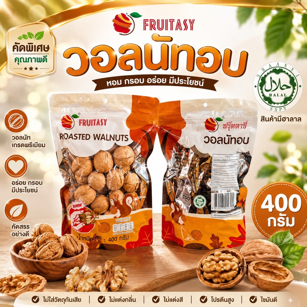Fruitasy วอลนัทอบ 400 กรัม หอมกรอบ อร่อย เต็มเม็ด กลิ่นหอมวอลนัท มีตราฮาลาล