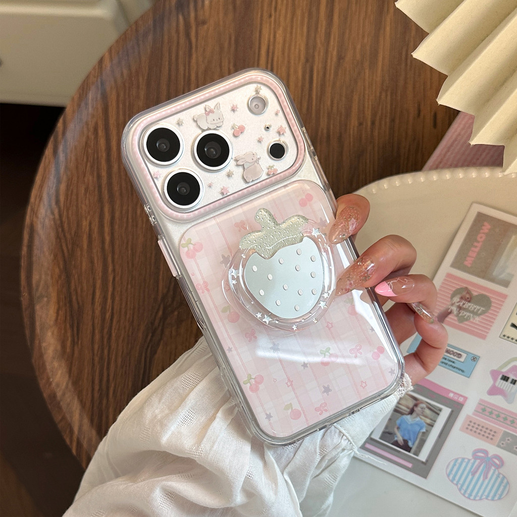 กระจก ขาตั้งสตรอเบอร์รี่ แอปเปิล เคสโทรศัพท์ เหมาะสําหรับ ไอโฟน 17โปรแม็กซ์ แอปเปิล 16/15/14 ป้องกันการตก
