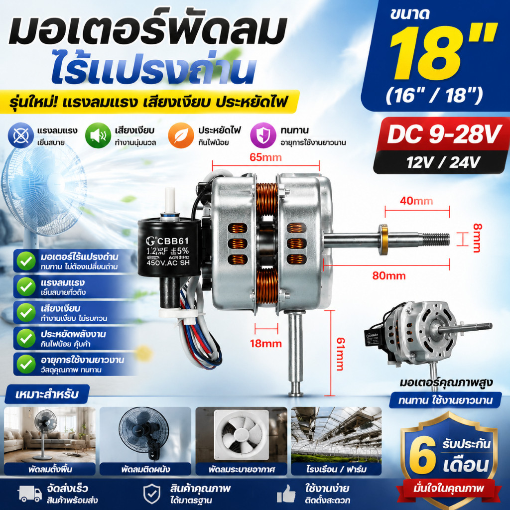 มอเตอร์พัดลม hatari 16/18นิ้ว 12V 220V ทั่วไปสายสั้น พร้อม คาปาซิเตอร์ และ ฝาครอบ (คละแบบ) ทํางานต่อเนื่อง 72 ชั่วโมง